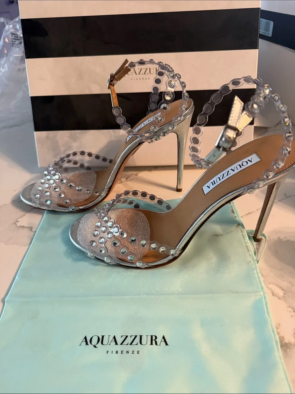 Aquazzura Silver Crystal Strap Stiletto Sandals
